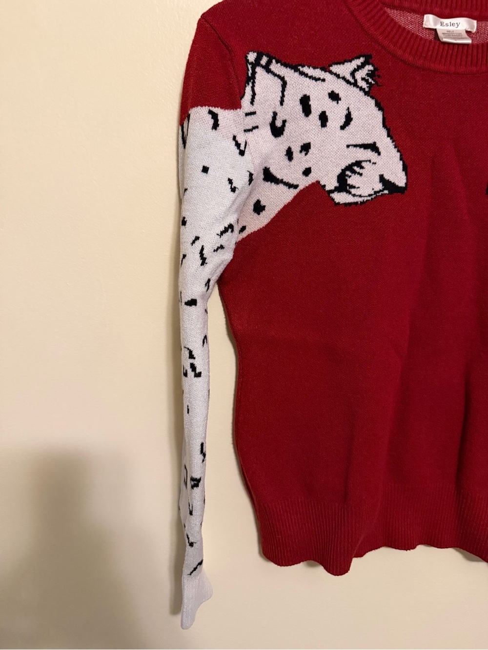 Esley Red Crewneck Sweater with White Leopard Sleeve Motif - Picture 3 of 5